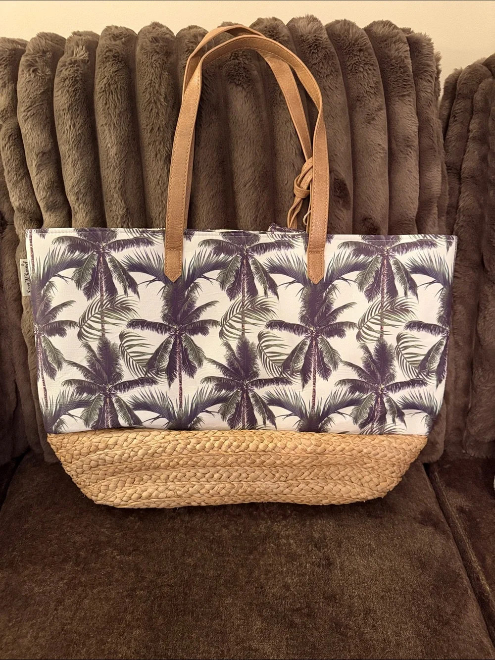 Sun N Sand Palm-Print Straw Tote with Tan Handles